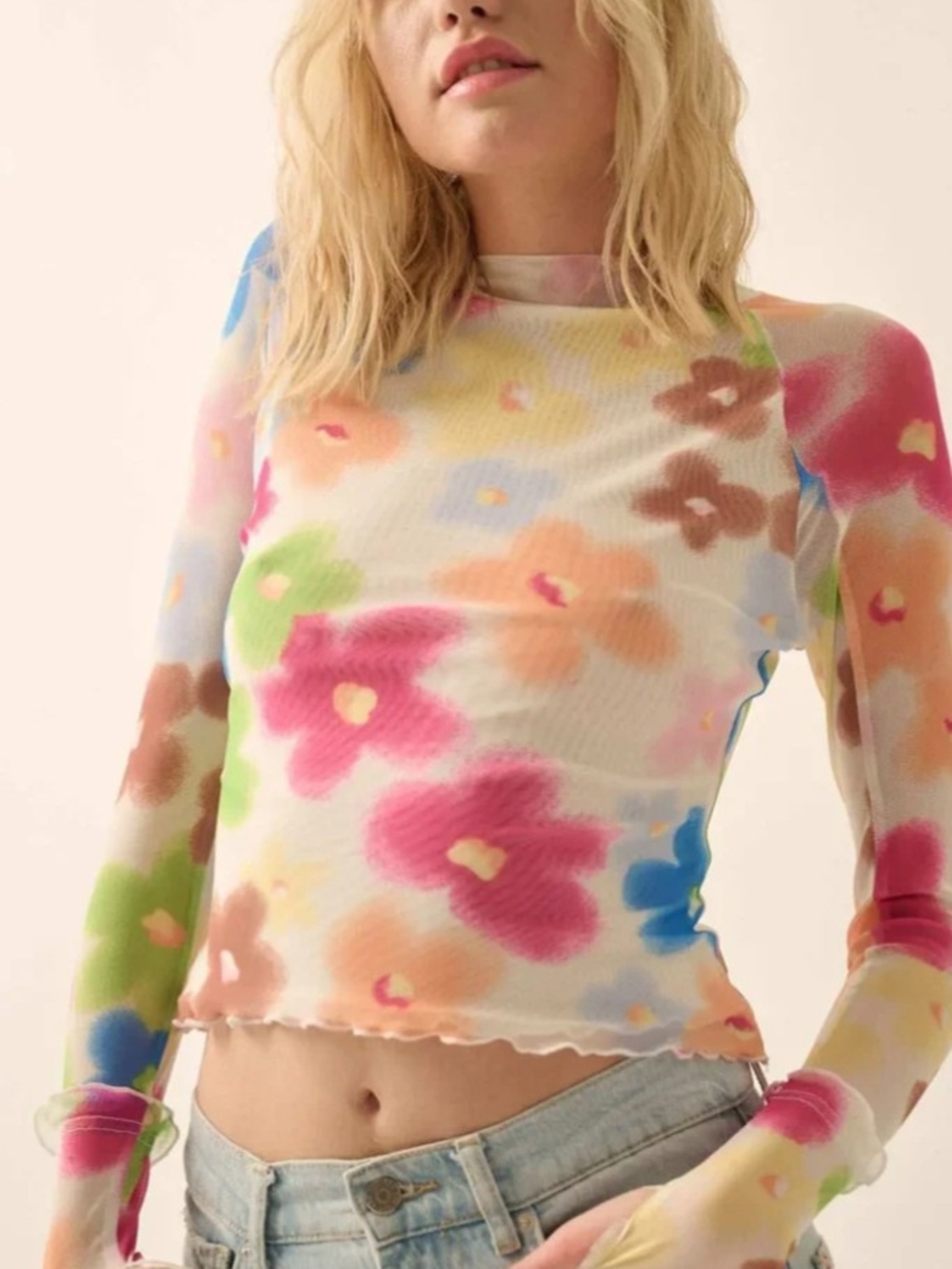 Flower Pop Long-Sleeve Mesh Top - Multicolor
